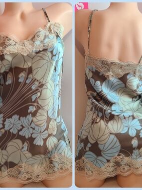 VTG NY&CO 100% Silk & Lace Floral Print Camisole Size Sm Brown & Blue